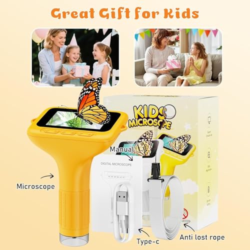 1000X Digital Microscope for Kids, 3" Screen, Handheld Photo Video - color: Warm yellow