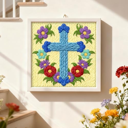 INFUNLY Cross Flowers Punch Needle Kits for Beginner Adult Floral DIY Punch Needle Embroidery Starter Kit for Wall Hanging Blue Cross Needlepoint Kit with Instruction for DIY Crafts Gift Home Decor - style: Cross Flowers
