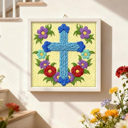 INFUNLY Cross Flowers Punch Needle Kits for Beginner Adult Floral DIY Punch Needle Embroidery Starter Kit for Wall Hanging Blue Cross Needlepoint Kit with Instruction for DIY Crafts Gift Home Decor - style: Cross Flowers