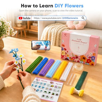 HHSarioneiro 550 Pcs Pipe Cleaner Flower Kit, Complete DIY Flower Bouquet Making Kit, 6 Beautiful Colors, 15 Flower Designs with Step-by-Step Video Tutorials, for Teen Girls and Craft Lovers - color: Blue