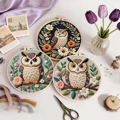 Uniartfy 3 Sets Embroidery Kit for Beginners with Owl Flower Pattern, Hand Needlepoint Kits for Adults, Embroidery Starter Kits with Hoops, Step by Step Video & Instructions, DIY Cross Stitch Kit - color: Embroidery Kit-H