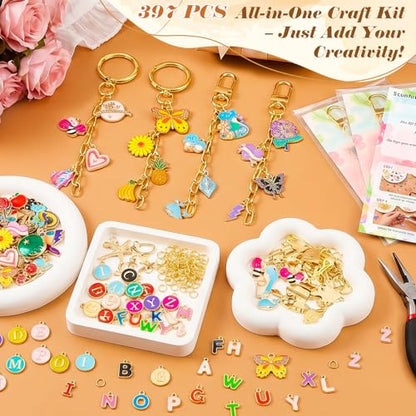 Ecoofor 400Pcs Charms Lip Gloss Keychain Making Kit, DIY Craft Supplies with Charms, Key Hooks, Jump Rings, Lobster Clasps, Chains & Tools, Jewelry Kit for Custom Keychains, DIY Handmade Gift - color: Gold - 400 Pcs Kit