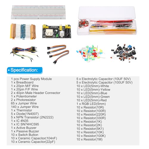 PATIKIL 420Pcs 37 Values Electronic Component Kit 830 Tie-Points Breadboard