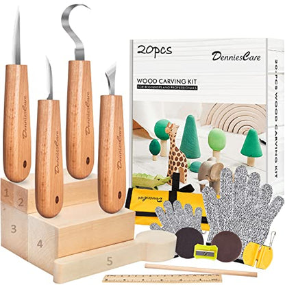 DenniesCare 20-Piece Wood Carving Kit for Beginners with Basswood Blocks