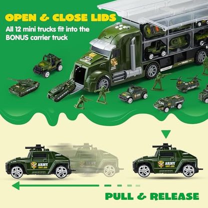 JOYIN 25 in 1 Military Kids Truck Toys for Age 3+, Kids Boy Toys, Army Men Tanks Set with Soldier Men, Mini Battle Cars in Carrier Truck with Lights and Sounds, Gifts for Grandkids - style: Military Truck