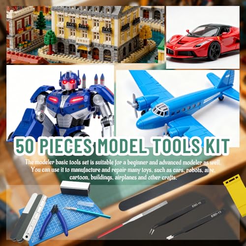 Bigstone 50 PCS Model Tools Kit Modeler Basic Tools Hobby Building Tools Craft Set for Cars, Airplanes, Buildings, Robots Gundam Plastic Models Building Repairing and Fixing