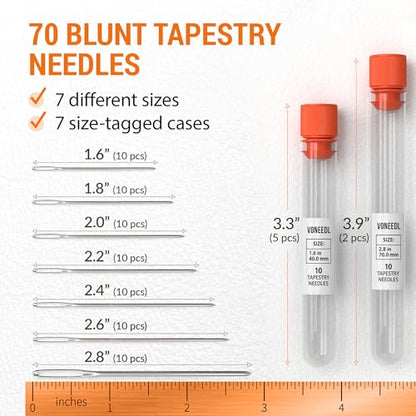 VONEEDL Large Eye Blunt Tapestry Needles (Pack of 70) - 7 Sizes with 7 Storage Tubes - Stainless Steel - Perfect for Darning, Embroidery, Cross-Stitching, Crafting, Knitting, Weaving, and DIY - size: 70pcs - 7 sizes