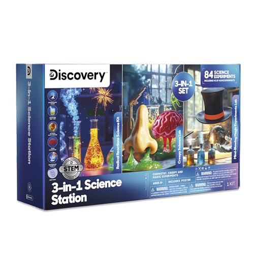 Discovery 3-in-1 Science Station for Kids| 84 Science Experiment Kit| Erupting Volcano, Glow Slime, Brain Dissection, Magic Potions| STEM Chemistry Activity Set| Educational Learning Toy| Gift Ages 8+