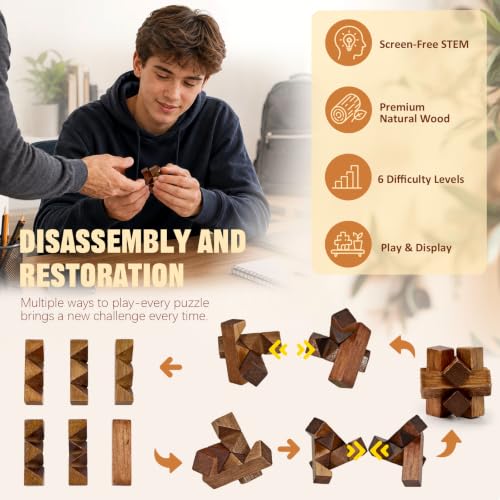 VolksRose 6pcs Wooden Brain Teaser Puzzles, IQ Challenge Puzzle Games, Logic Smart Mind Puzzle Box Lock Toy Removing Assembling 3D Small Puzzle Gift Set for Adults Teenagers Kids, 1.8inch 4.5cm - color: B-6pcs-4.5cm-2