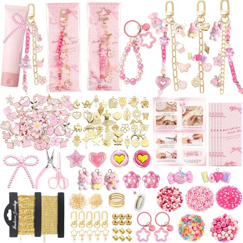 Ecoofor 707 Pcs Lip Gloss Beaded Keychain Making Kits, Pink DIY Bag Charm Kit, 78.8 Inch Chains, Key Chain Hooks, Jump Rings, Lobster Clasps, 452 Charms & Letter Beads, Tools & Gift Bags - color: Gold - 707 Pcs Kit
