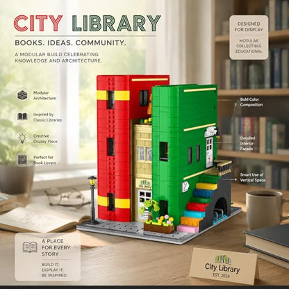 City Library House Building Set Collectible Model for Adults, Compatible with Lego Street View Architecture Desktop Ornament Home Office Decor for Adults