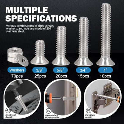 210PCS Machine Screw nut Bolt Combination kit, Phillips Flat Head Combination 304 Stainless Steel Bolt nut Flat Washer with Packaging， # 10 (3/8inch、5/8 inch、3/4 inch、 1 inch) - size: 4.8 mm, style: Flat head machine screw