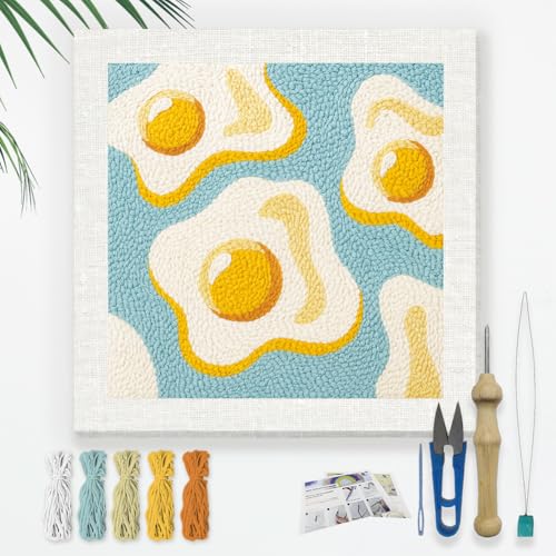 DOODLREAM Fried Egg DIY Punch Needle Embroidery Kit for Adult Beginner, 9.4" Playful Food Punch Stitching Craft Set for Starter with Frame, Fabric Pattern, Threader, Yarn, Punch Needle - color: Fried Egg
