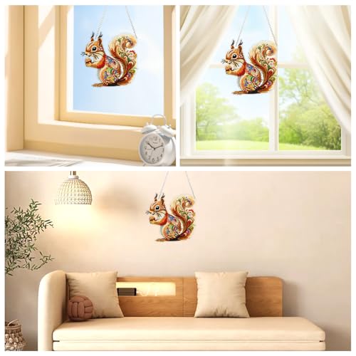 AIRDEA Hanging Diamond Painting Kits Mandala,Special Shaped Diamond Art Kits Squirrel,Gem Art Pendant Decor,7.81x7.59in - color: brown yellow