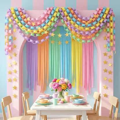 1000 Sheet Macaron Paper Chain Strips and 65 ft Gold Star Garland Set - color: Macaron-1000Pc