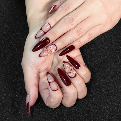 Handmade Stiletto Press on Nails Long Burgundy Glossy Gel Nails with 3D Flower Rhinestone Design, Reusable Stick on Fake Nails for Women (Size M) - color: 02, size: Medium