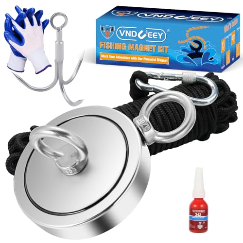 VNDUEEY 2625LBS Magnet Fishing Kit, 4.57" Double Hole Fishing Magnet Kit with Rope, Strong Magnets for Retrieving in River Lake Beach and Lawn, Includes 65Ft Rope, Carabiner, Gloves, Grappling Hook - size: 4.57" 2625LBS, style: Double Hole Kit