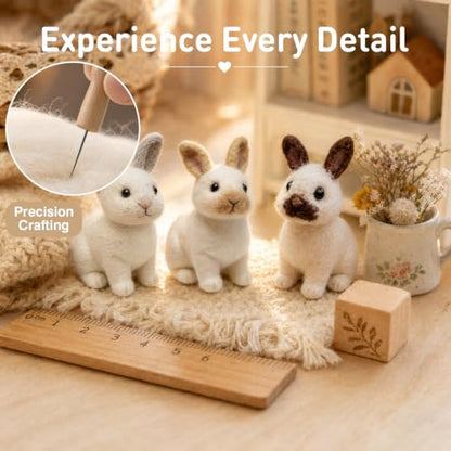 FACE N FACE DIY Needle Felting Kit Realistic White Rabbit Tan Ears – Needle Felting Starter Kit with Fiber Roving, Needles, Felting Pad & Instructions | Felted Rabbit Animal Kit for Beginners Adults - color: Light Brown