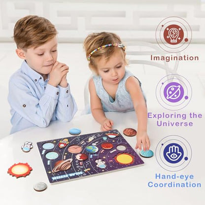 Wooden Solar System Puzzle for Kids, Toddler Montessori Planets Puzzle Toys