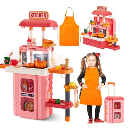 3-in-1 Kids & Toddler Play Kitchen - Interactive Kitchen Playset with Real Cooking Sounds & Lights, 50 Accessories & Flowing Water Feature, Portable Travel Suitcase Design Learning Toys for Ages 2-6 - color: Kitchen Playset