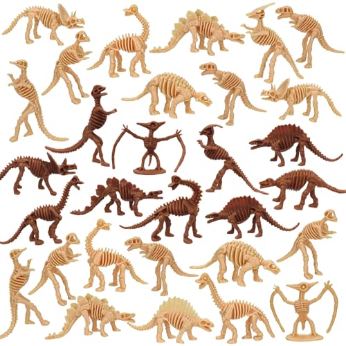 30 PCS Dinosaur Fossil Skeletons, Assorted Dinosaur Skeleton Toys Figures for Science Play Dino Sand Dig Party Favor Decorations - style: Light and brown