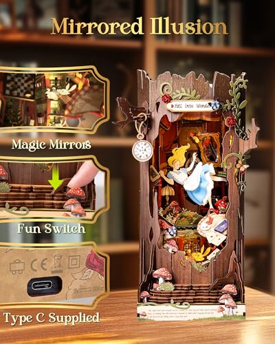 Rolife Book Nook Kit Fall into Wonder 3D Wooden Puzzles 9.9" Wonderland Booknooks DIY Miniature Kit with LEDs Fairy Tale Bookshelf Decor Craft for Adults Gift for Mom Women Men
