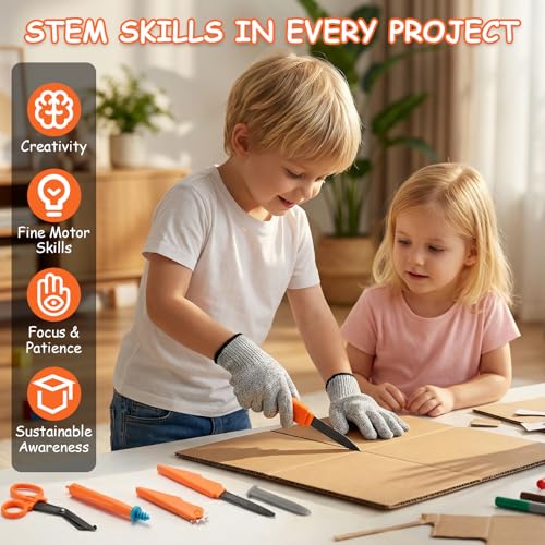 SainSmart Jr. 228 PCS Cardboard Construction Kit, Cardboard Tools for Kids STEM Projects, Classroom & Family DIY Activities | Reusable Cutting Tools with Safe Cutter, Tool Box & Tape Measure - size: 228 PCS