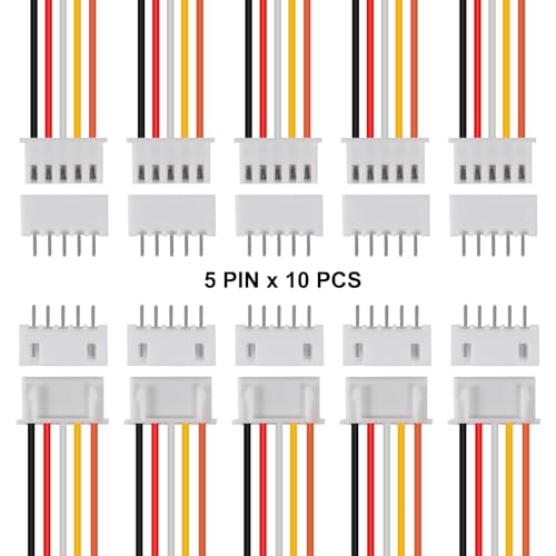 ACEIRMC 10Pairs JST-XH Connector Kit, XH 2.54mm 5 Pin Header Male and Female Connectors Plug Adapter with Flat Wire Cable 200mm 26AWG Compatible with JST XH (5P) - color: 5P