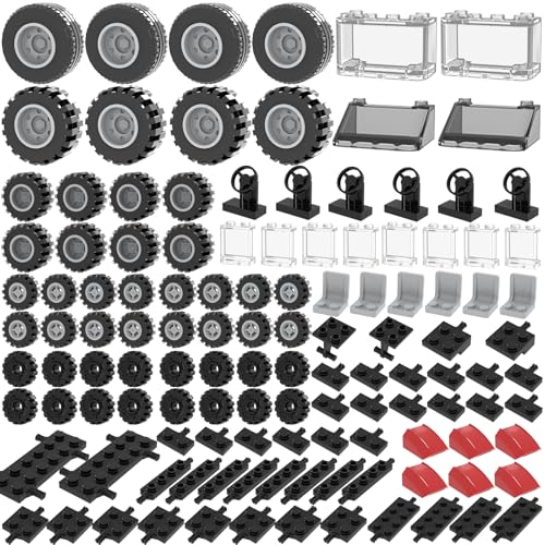 160PCS Wheels and Axles Sets Car Parts Building Kit with Tires, Windshield, Chassis & Steering Wheel Compatible with Major Brands - Educational Toys for Kids