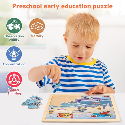 SYNARRY Large Wooden Vehicle Jigsaw Puzzles for Kids Ages 4-8, 60-Piece - style: Vehicle