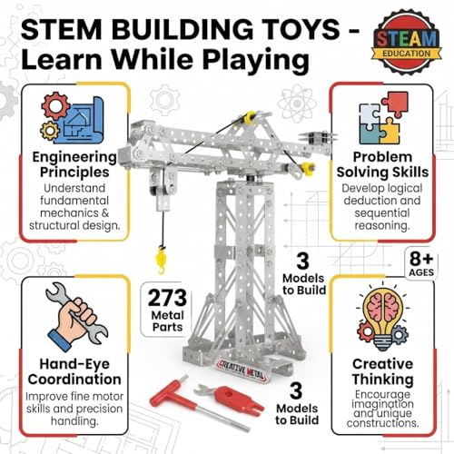Metal Building Toys, 273pcs 3 in 1 Tower Crane & Frame Crane & Windmill Metal Model Set,Erector Sets for Boys Age 8-12,DIY Building Stem Projects Toys for Kids,Birthday Gifts for Model Crane Fan