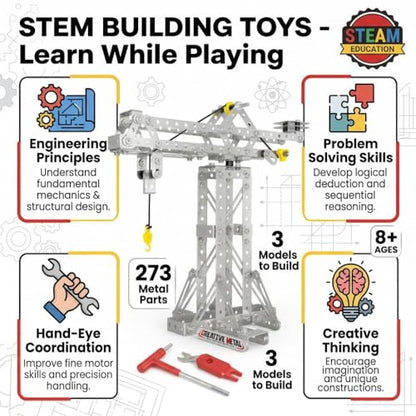 Metal Building Toys, 273pcs 3 in 1 Tower Crane & Frame Crane & Windmill Metal Model Set,Erector Sets for Boys Age 8-12,DIY Building Stem Projects Toys for Kids,Birthday Gifts for Model Crane Fan