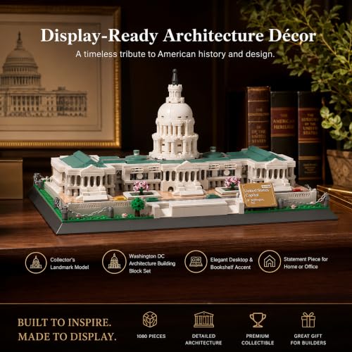 United States Capitol Building Blocks Set 1074 Pieces Washington D.C. Architecture Model Kit with Nameplate & Chain Fence USA Landmark Souvenir Gift Construction Toy for Adults & Teens - style: United States Capitol