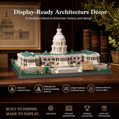 United States Capitol Building Blocks Set 1074 Pieces Washington D.C. Architecture Model Kit with Nameplate & Chain Fence USA Landmark Souvenir Gift Construction Toy for Adults & Teens - style: United States Capitol