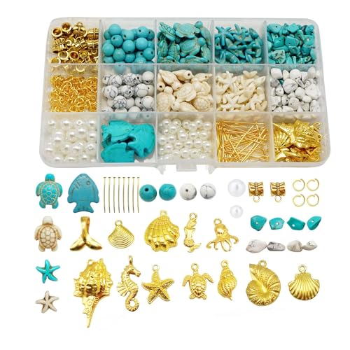 Julie Wang 422PCS Gold Tone Alloy Pendants Seashells Man-made Turquoise Beads Starfish Turtle Ocean Charms for Jewelry Making Summer Beach Bead Necklace Bracelet DIY Supplies - color: Style B-422PCS