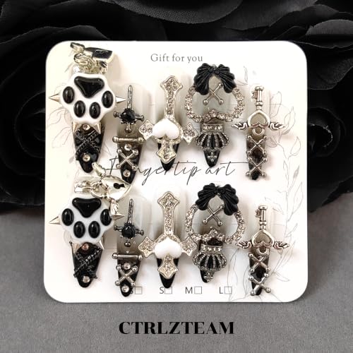 CTRLZTEAM Gothic Stiletto Press on Nails Black Gradient Punk Coquette Nails - color: Black Metallic White, size: M