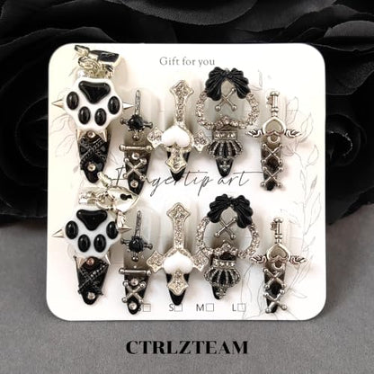 CTRLZTEAM Gothic Stiletto Press on Nails Black Gradient Punk Coquette Nails - color: Black Metallic White, size: M