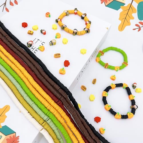 3600 PCS 10 Strands Fall Clay Beads for Jewelry Making, with 50pcs Autumn Clay Charms for Bracelets Making (Thanksgiving Day) - color: Brown Orange Green