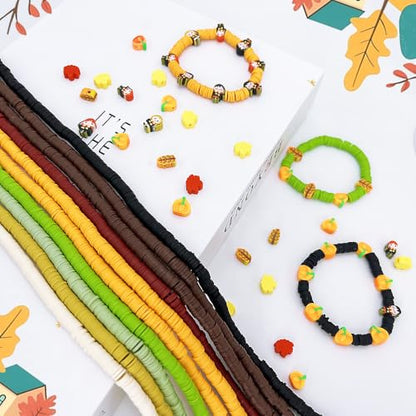 3600 PCS 10 Strands Fall Clay Beads for Jewelry Making, with 50pcs Autumn Clay Charms for Bracelets Making (Thanksgiving Day) - color: Brown Orange Green