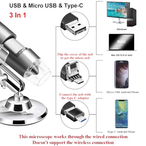 USB Digital Microscope Compatible with Android Windows Linux Mac - color: Gray