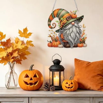 NAIMOER Halloween Diamond Art Hanging Kits for Adults, Fall Gnome 5D Special Shaped Rhinestone, DIY Acrylic Diamond Art Painting Window Pendants Home Garden Wall Hanging Ornament Kits, Double Sided - color: Halloween Gnome