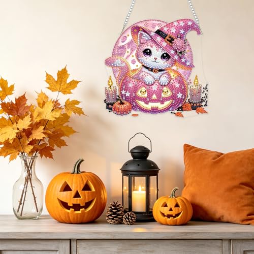 NAIMOER Halloween Diamond Art Hanging Kits for Adults, Cat 5D Special Shaped Rhinestone, DIY Acrylic Diamond Art Painting Window Pendants Home Garden Wall Hanging Ornament Kits, Double Sided - color: Halloween Cat