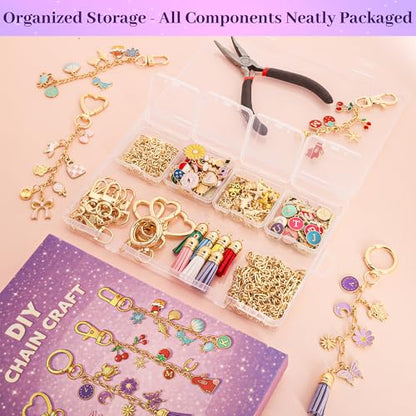 Koruhi 418pcs Charms Lip Gloss Keychain Making Kit,Cute Gold DIY Keychain Supplies Including Organizer Box,Pliers, Tassels, Enamel Letter Charms,Complete Key Chain Kits for DIY Craft Gifts(418, Gold)