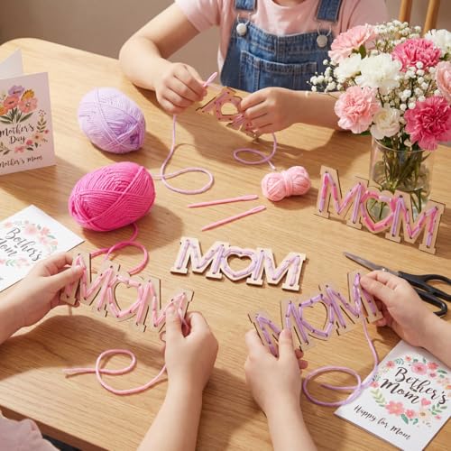 Kathfly 24 Sets Mother's Day Wooden Craft Kit, Wood Mom String Craft Ornaments with Yarn and Plastic Weaving Tools, DIY Lacing Art Hanging Decorations for Activities Handcraft Gifts - style: Mom