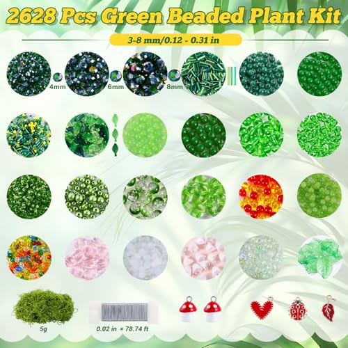 FOGWOWO 2628 Pcs Beaded Plant Kit,Glass Green Beads for Beaded Plants - color: Green C (No Pot & Foam)