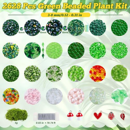 FOGWOWO 2628 Pcs Beaded Plant Kit,Glass Green Beads for Beaded Plants - color: Green C (No Pot & Foam)