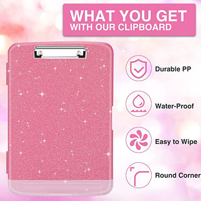 Sooez Glitter Clipboard with Storage, Nursing Clip Boards 8.5x11 with Pen Holder, Cute Clipboards with Low Profile Clip, Sparkle Plastic Organizer Case Box for Women Teacher, Side Opening - color: Glitter Rose Pink