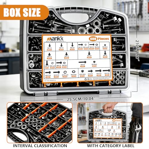 mankk 400PCS Metric Flange Bolts Nuts Washers Auto Fasteners - size: 400PCS M6 M8 M10, style: Flange Bolt