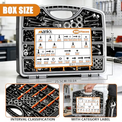 mankk 400PCS Metric Flange Bolts Nuts Washers Auto Fasteners - size: 400PCS M6 M8 M10, style: Flange Bolt