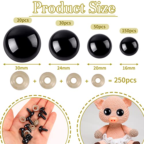 UPINS 500 Pcs 16-30 MM Large Safety Eyes for Amigurumi Black Plastic Craft Dolls Crochet Eyes for DIY Toy Puppets Bear Stuffed Animals Amigurumi Making Supplies (4 Size) - size: B:16-30MM